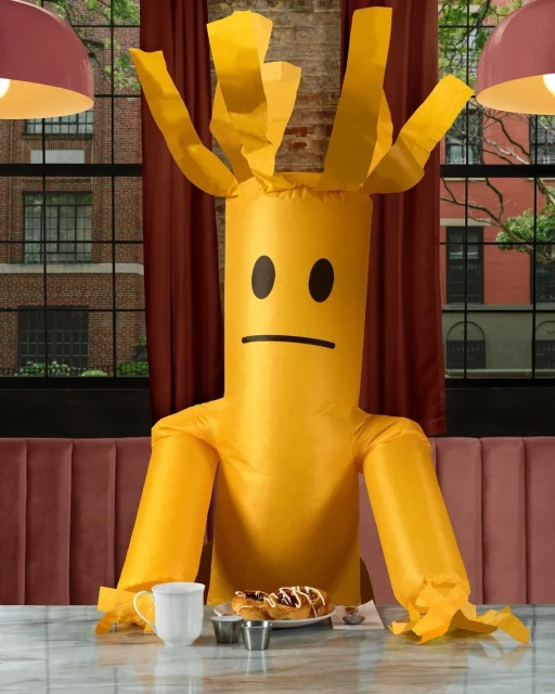 Inflatable tube man with sad face sits at marble table inside a restaurant with pastries, a mug, and condiments.